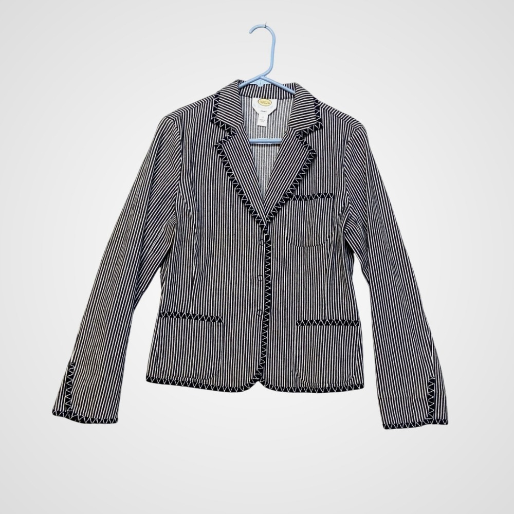 Talbots Blazer Women 12 Navy Blue Excellent‎ Striped Cotton Spandex Stitchedge
